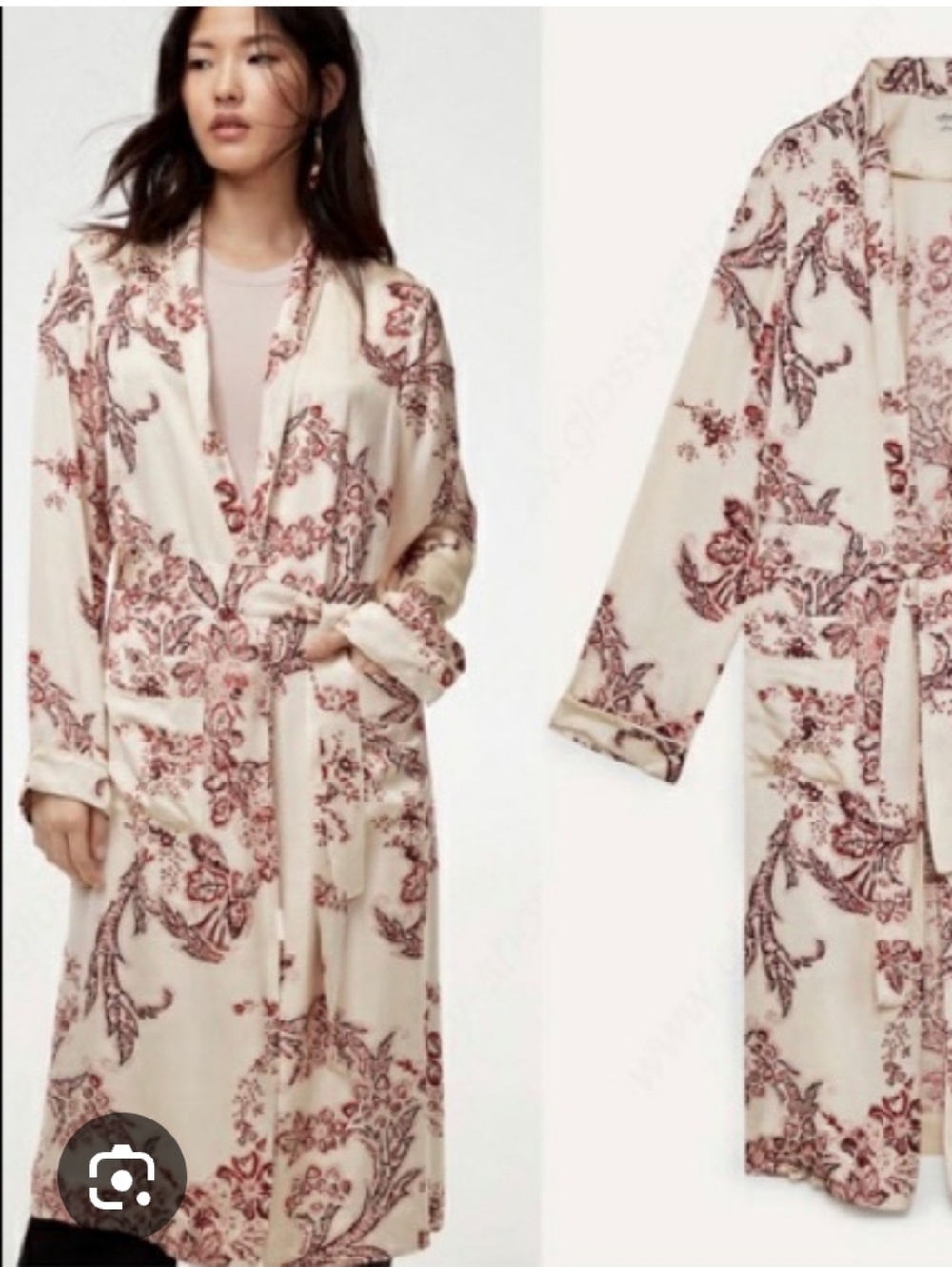 Aritzia Wilfred Cream Robe with Rose Floral Print No Belt
